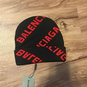 Balenciaga Black Beanie with Red Accents